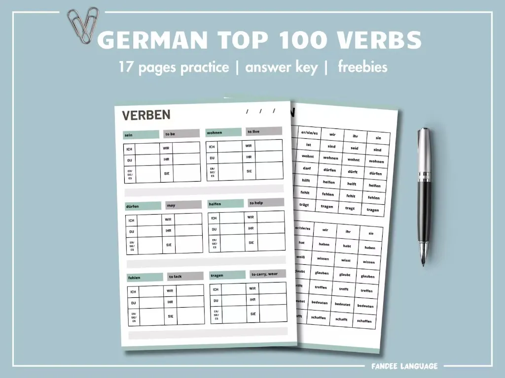 Etsy listing graphic for a German Top 100 Verbs printable