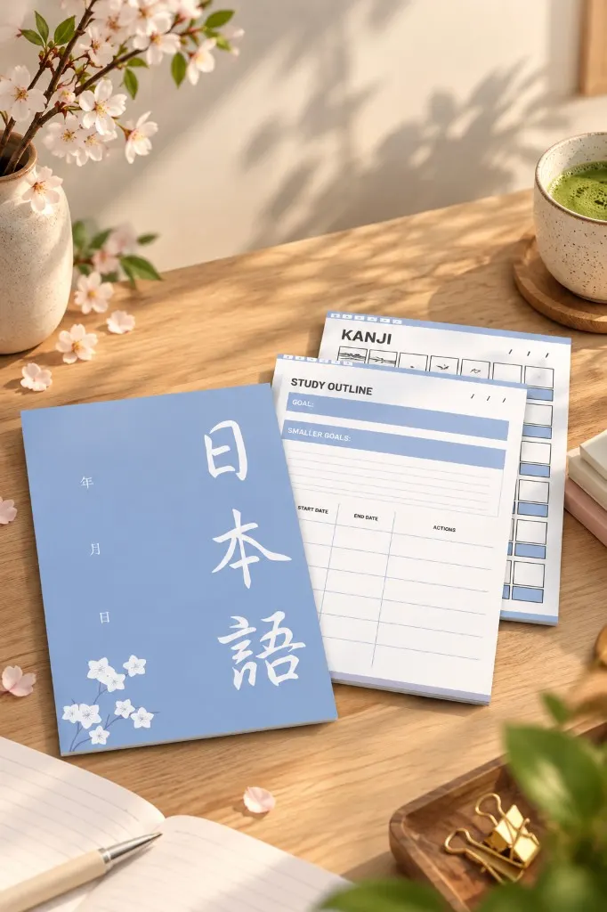 Lifestyle pin of a Japanese workbook with cherry blossoms and matcha