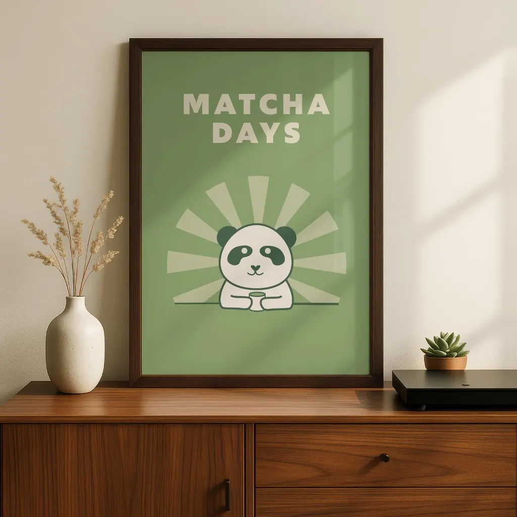Listing mockup of a Matcha Days panda art print in a frame
